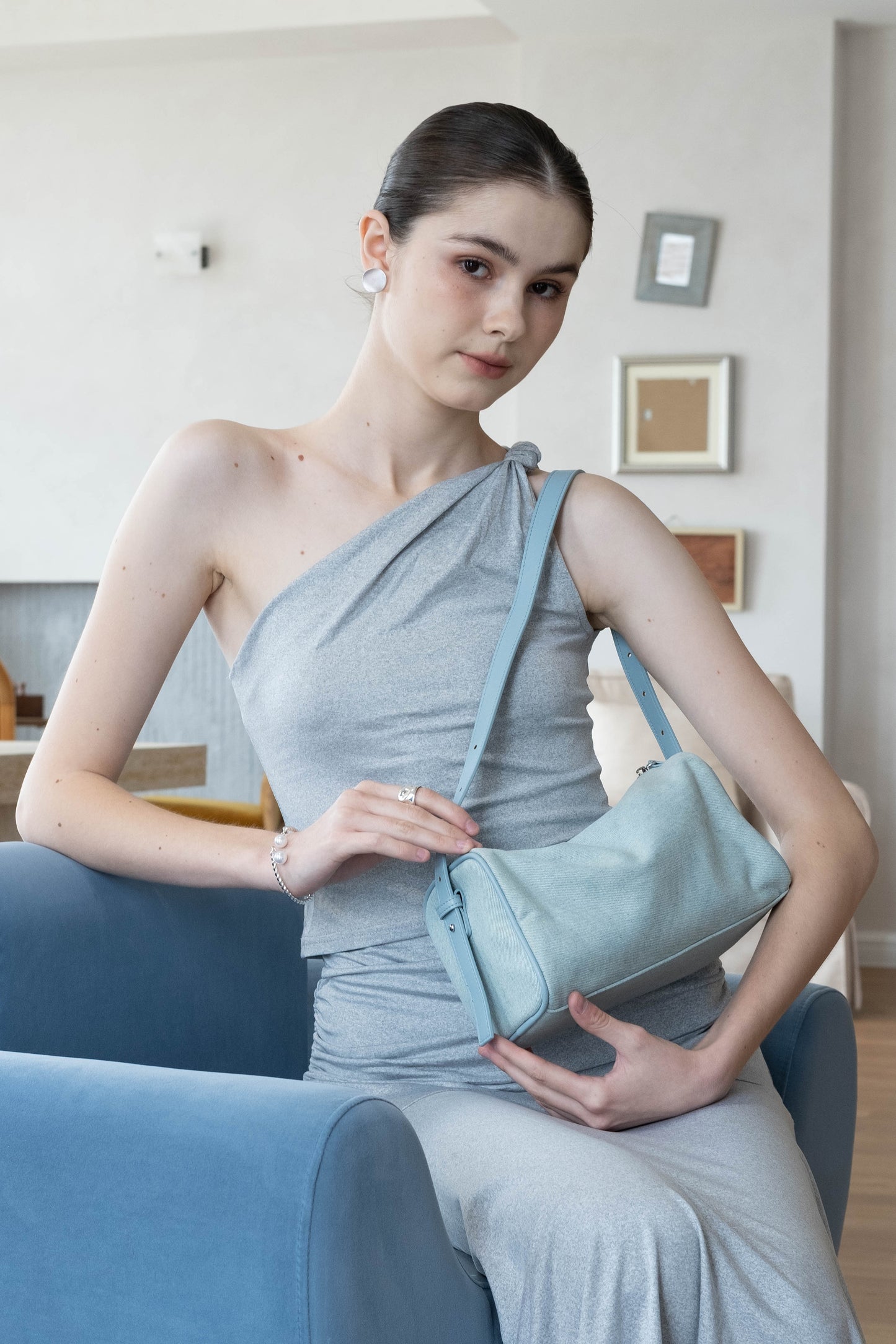 Soft Curve One-Shoulder Crop & Skirt Set - Grey