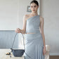 Soft Curve One-Shoulder Crop & Skirt Set - Grey