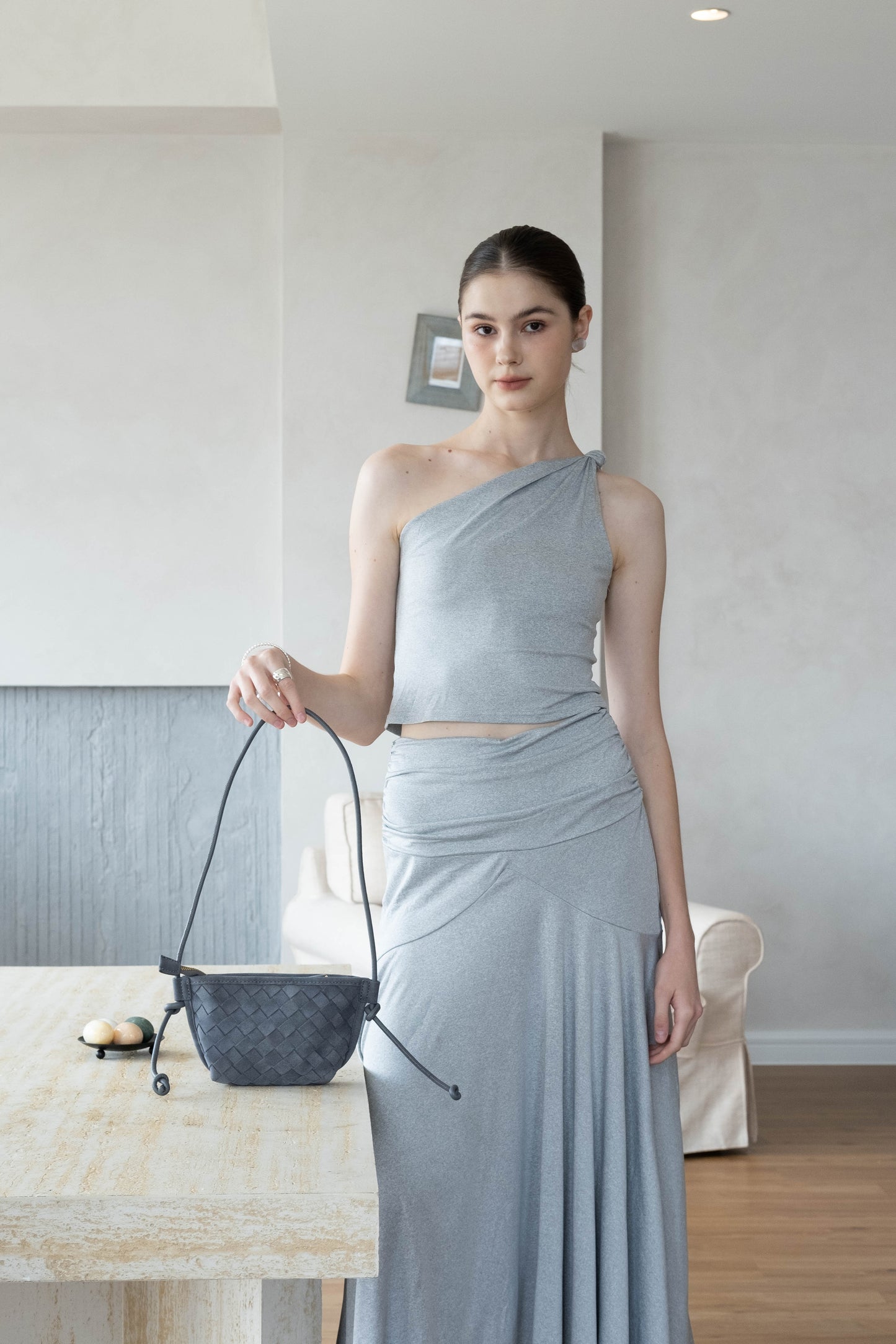 Soft Curve One-Shoulder Crop & Skirt Set - Grey