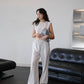 奶白套裝法式墊肩無袖棉+麻褲