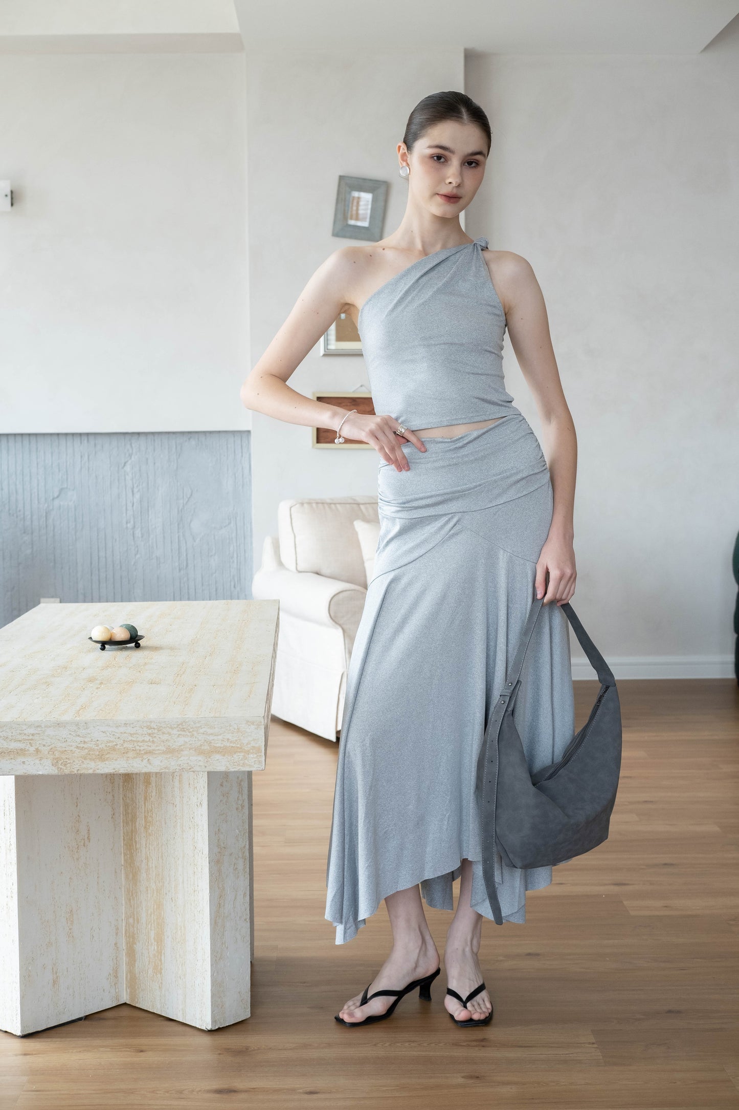 Soft Curve One-Shoulder Crop & Skirt Set - Grey