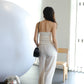 奶白套裝法式墊肩無袖棉+麻褲