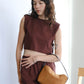 French Shoulder-padded Sleeveless Cotton and Linen In Brown Red