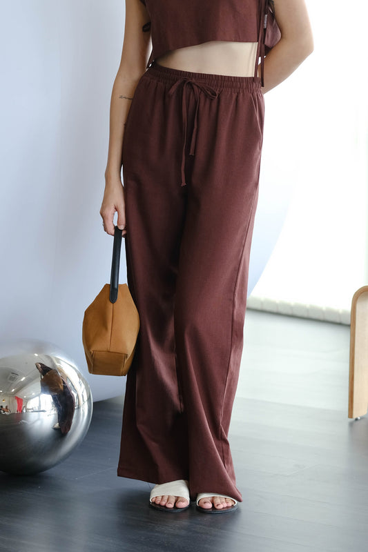 Pantalon long français en coton et lin marron rouge 