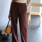 法式墊肩無袖棉+麻長褲棕紅色套裝