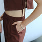 法式墊肩無袖棉+麻長褲棕紅色套裝