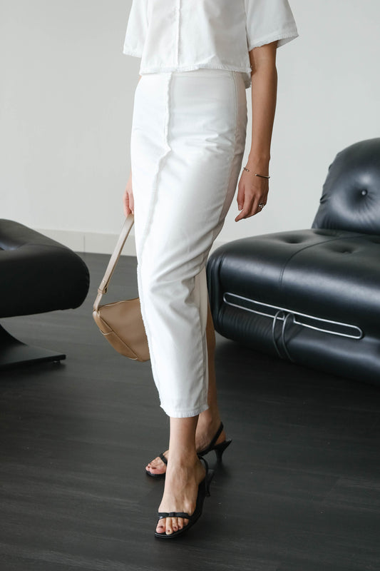 Jupe longue droite française en coton et lin blanc 
