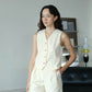 French Cotton Top + Linen Sleeveless Vest Short Pants in Cream White Suit