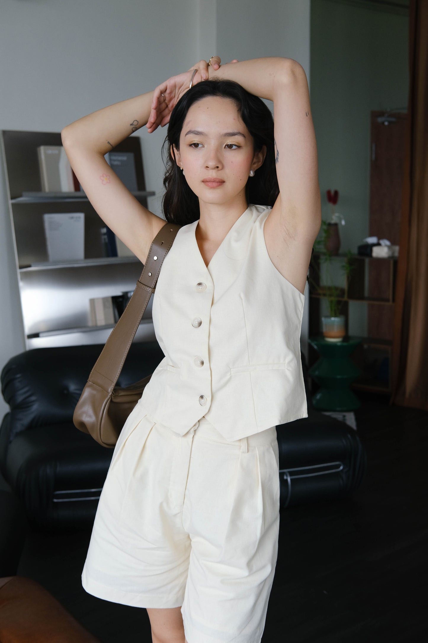French cotton top + Linen sleeveless vest short pants in cream white suit
