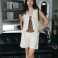 French Cotton Top + Linen Sleeveless Vest Short Pants in Cream White Suit