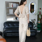V-neck Puff Short-sleeved Shirt + Wide-leg Pants Suit