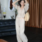 V-neck Puff Short-sleeved Shirt + Wide-leg Pants Suit