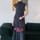 [2Pcs Suit] For Stand Collar Irregular Design Button Top +A Line Long Skirt - Dark Grey