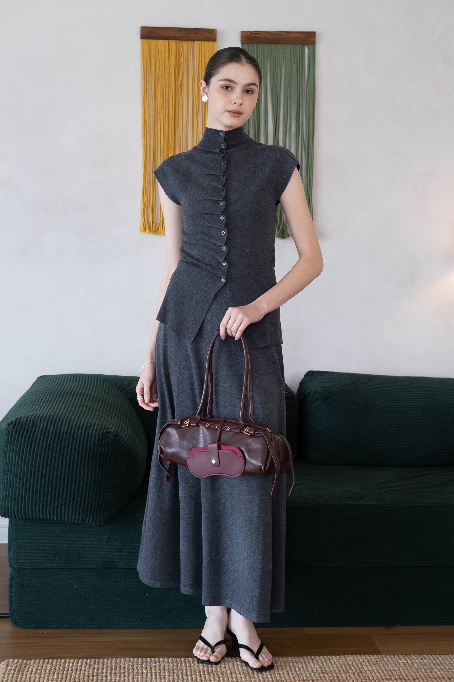 [2Pcs Suit] For Stand Collar Irregular Design Button Top +A Line Long Skirt - Dark Grey