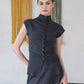 [2Pcs Suit] For Stand Collar Irregular Design Button Top +A Line Long Skirt - Dark Grey