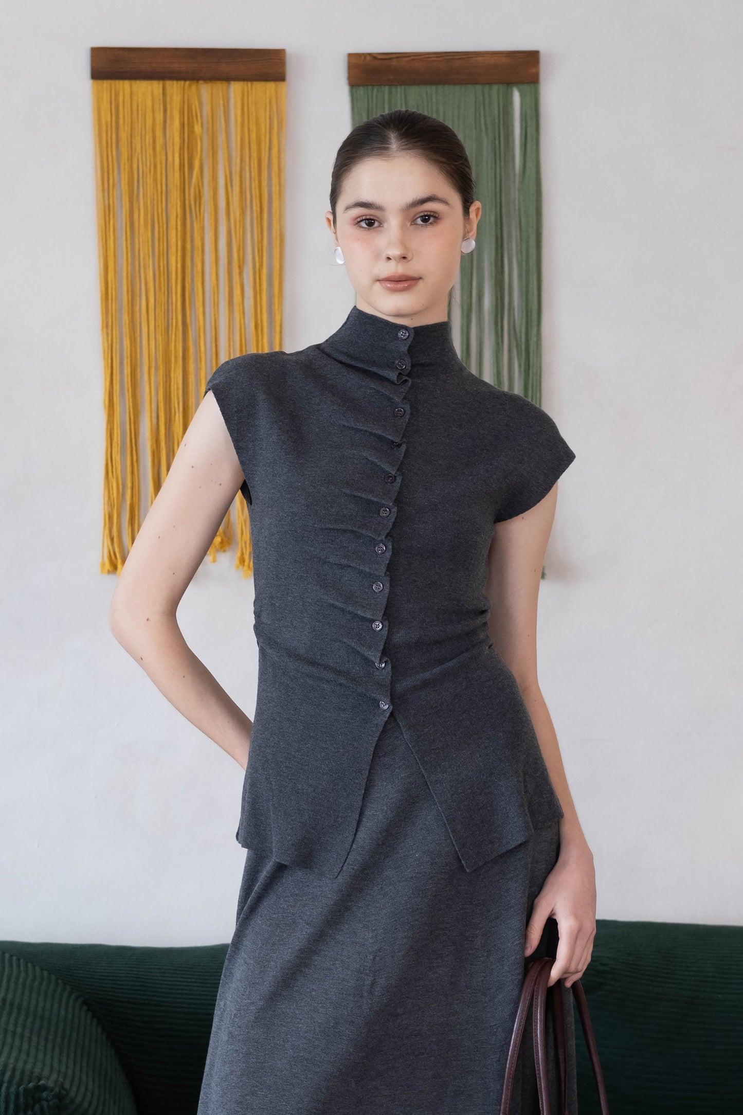 [2Pcs Suit] For Stand Collar Irregular Design Button Top +A Line Long Skirt - Dark Grey