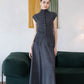 [2Pcs Suit] For Stand Collar Irregular Design Button Top +A Line Long Skirt - Dark Grey