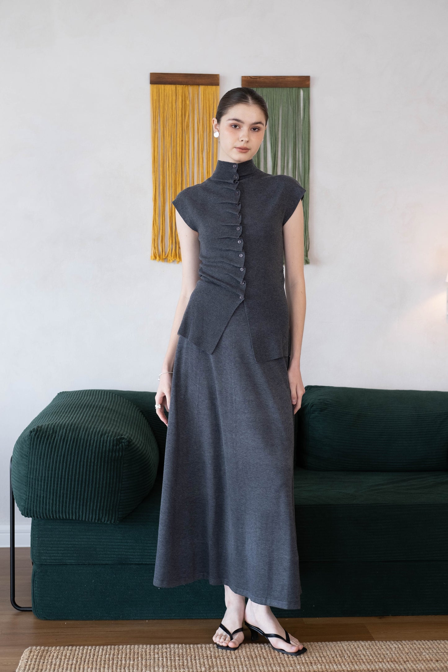 [2Pcs Suit] For Stand Collar Irregular Design Button Top +A Line Long Skirt - Dark Grey