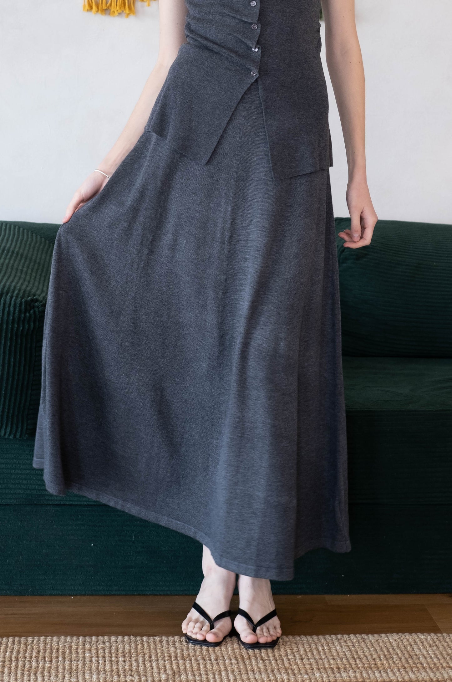 [2Pcs Suit] For Stand Collar Irregular Design Button Top +A Line Long Skirt - Dark Grey