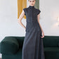 [2Pcs Suit] For Stand Collar Irregular Design Button Top +A Line Long Skirt - Dark Grey