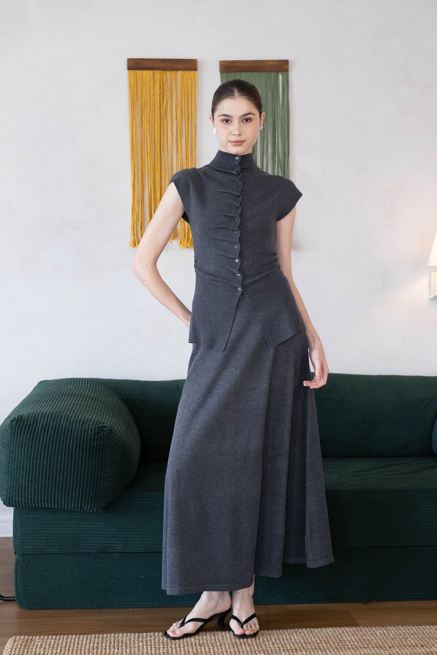 [2Pcs Suit] For Stand Collar Irregular Design Button Top +A Line Long Skirt - Dark Grey