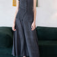 [2Pcs Suit] For Stand Collar Irregular Design Button Top +A Line Long Skirt - Dark Grey