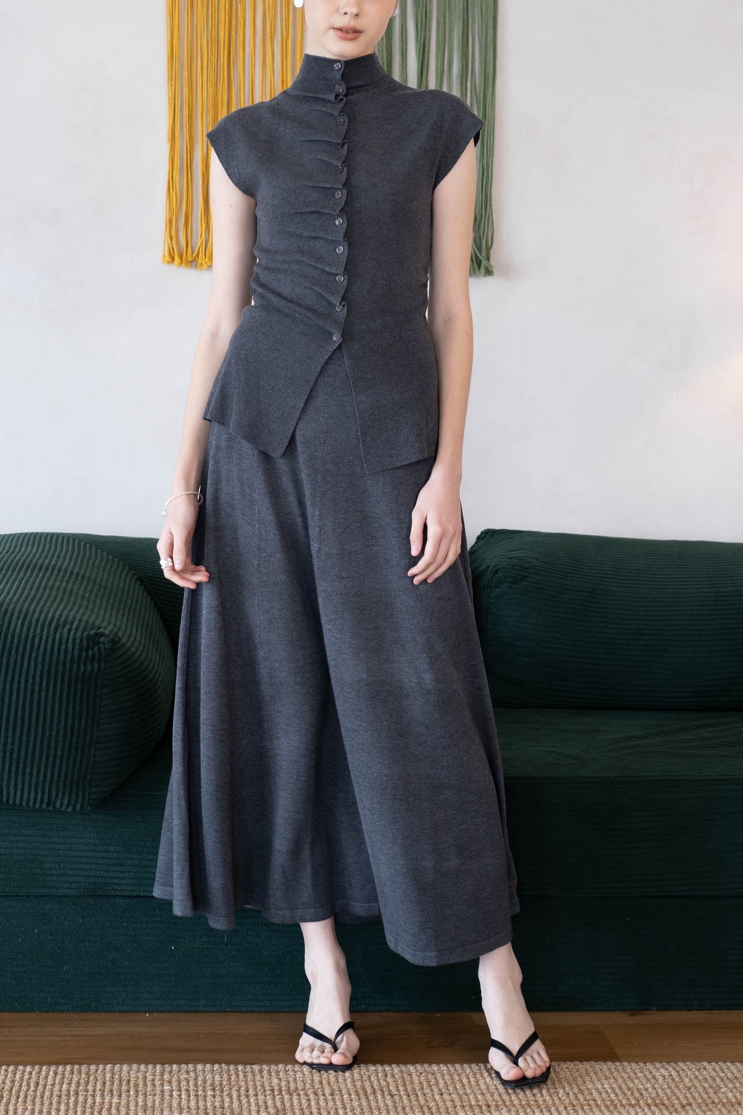 [2Pcs Suit] For Stand Collar Irregular Design Button Top +A Line Long Skirt - Dark Grey