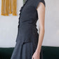 [2Pcs Suit] For Stand Collar Irregular Design Button Top +A Line Long Skirt - Dark Grey