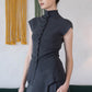 [2Pcs Suit] For Stand Collar Irregular Design Button Top +A Line Long Skirt - Dark Grey