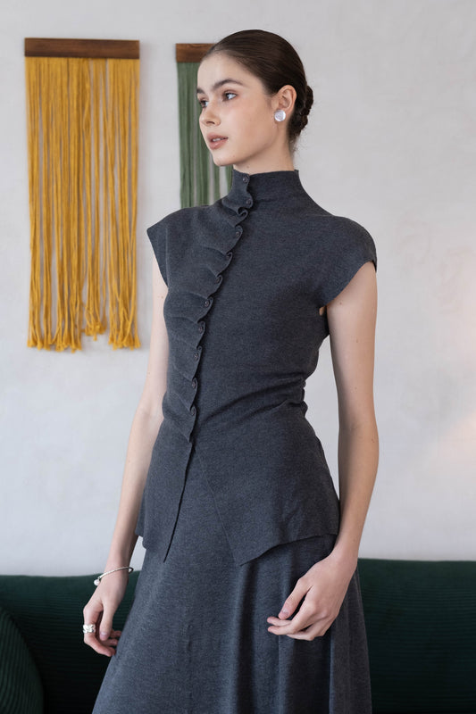 [2Pcs Suit] For Stand Collar Irregular Design Button Top +A Line Long Skirt - Dark Grey