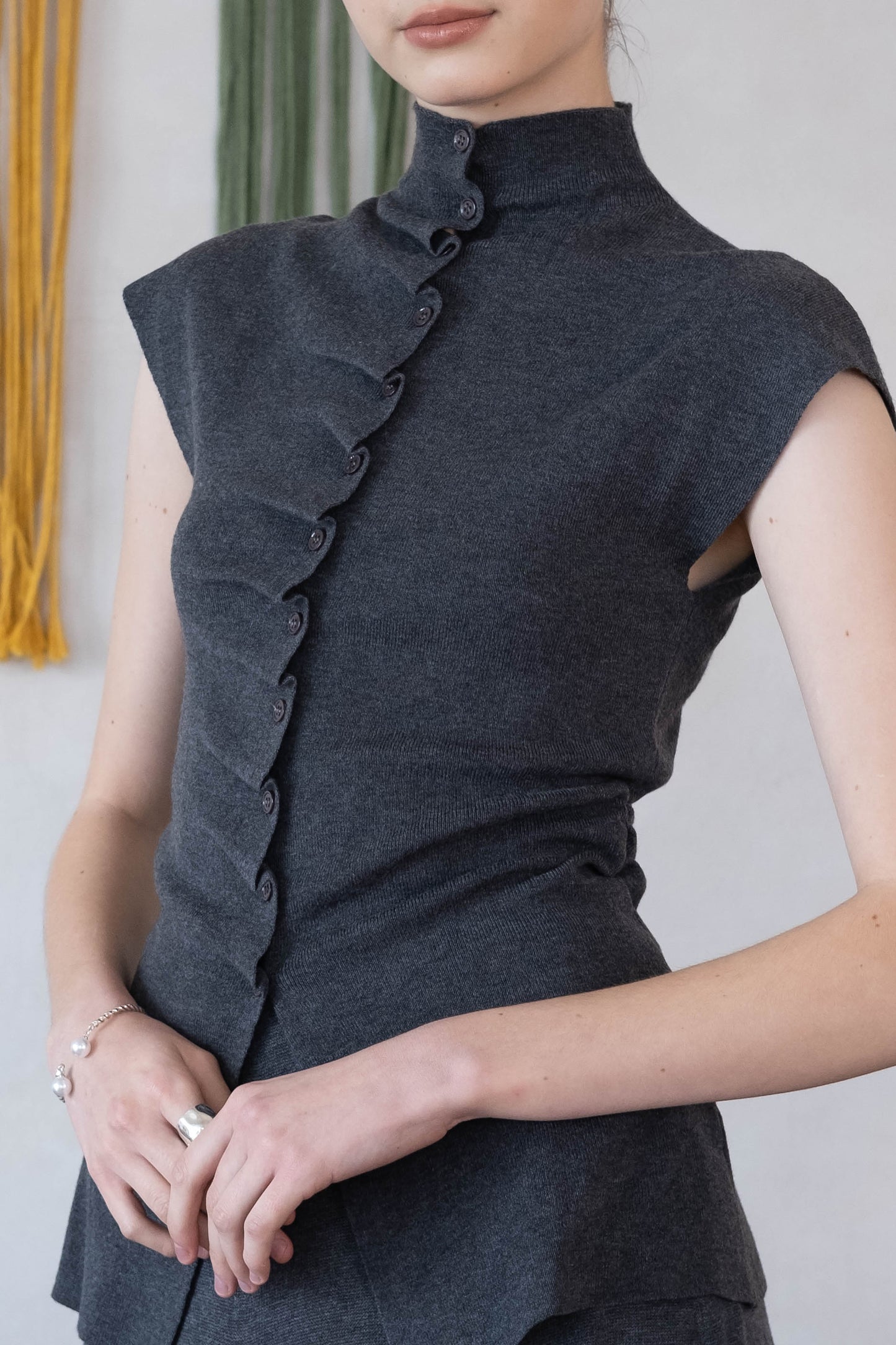 [2Pcs Suit] For Stand Collar Irregular Design Button Top +A Line Long Skirt - Dark Grey