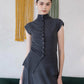 [2Pcs Suit] For Stand Collar Irregular Design Button Top +A Line Long Skirt - Dark Grey
