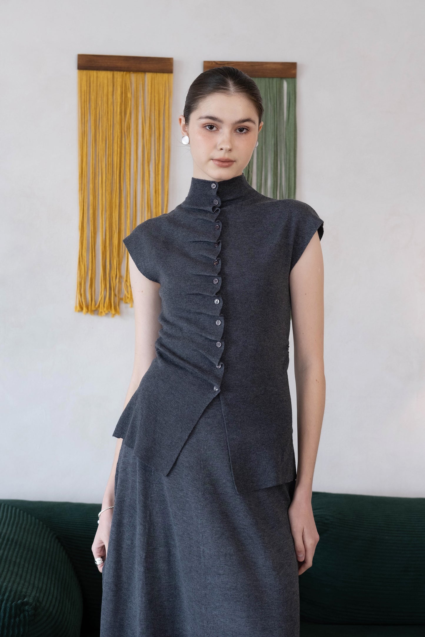 [2Pcs Suit] For Stand Collar Irregular Design Button Top +A Line Long Skirt - Dark Grey