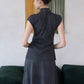[2Pcs Suit] For Stand Collar Irregular Design Button Top +A Line Long Skirt - Dark Grey