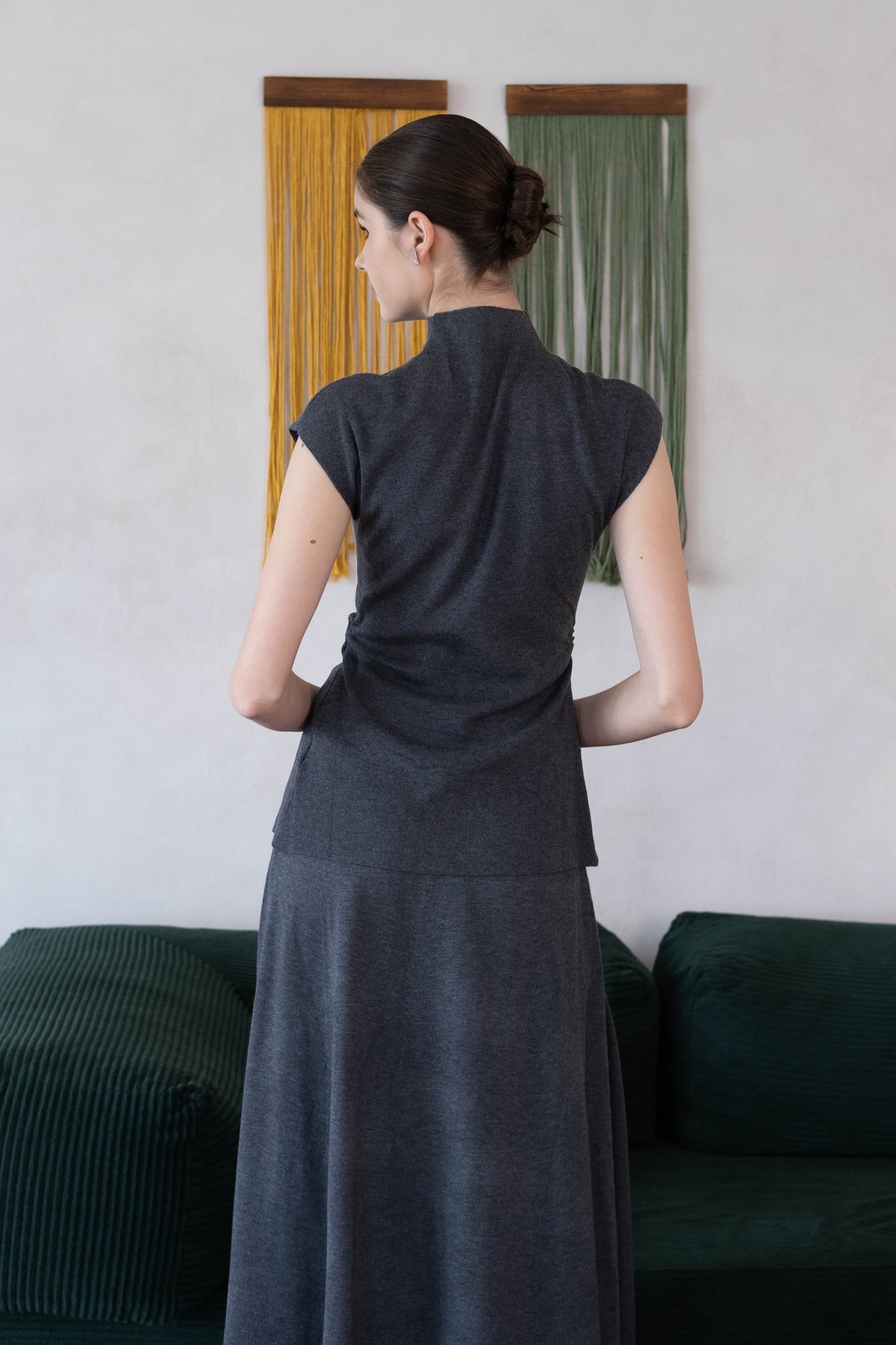 [2Pcs Suit] For Stand Collar Irregular Design Button Top +A Line Long Skirt - Dark Grey