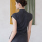 [2Pcs Suit] For Stand Collar Irregular Design Button Top +A Line Long Skirt - Dark Grey