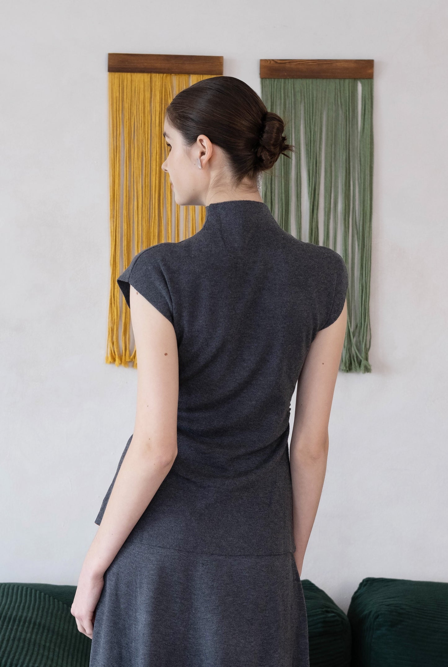 [2Pcs Suit] For Stand Collar Irregular Design Button Top +A Line Long Skirt - Dark Grey