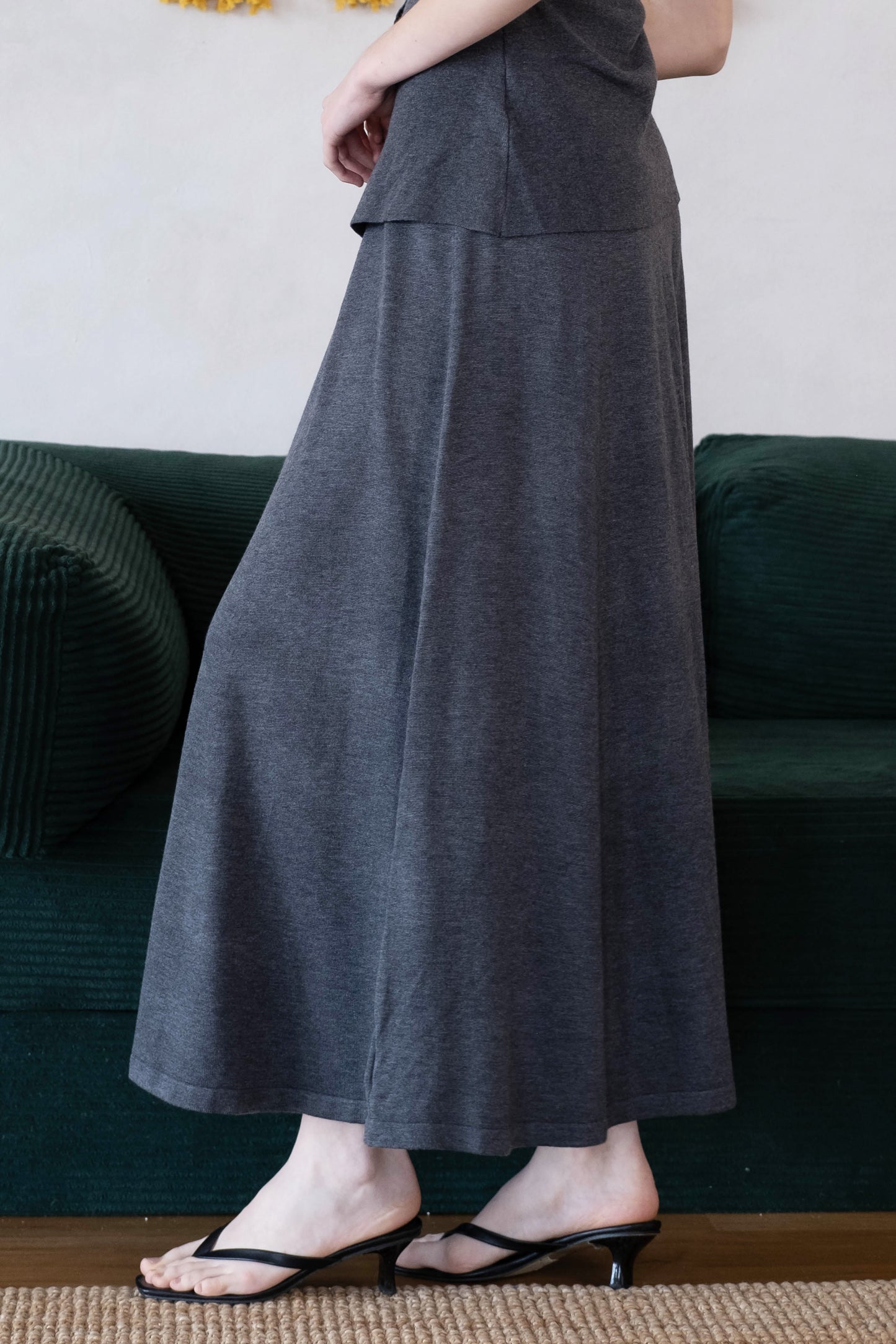 [2Pcs Suit] For Stand Collar Irregular Design Button Top +A Line Long Skirt - Dark Grey