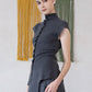 [2Pcs Suit] For Stand Collar Irregular Design Button Top +A Line Long Skirt - Dark Grey