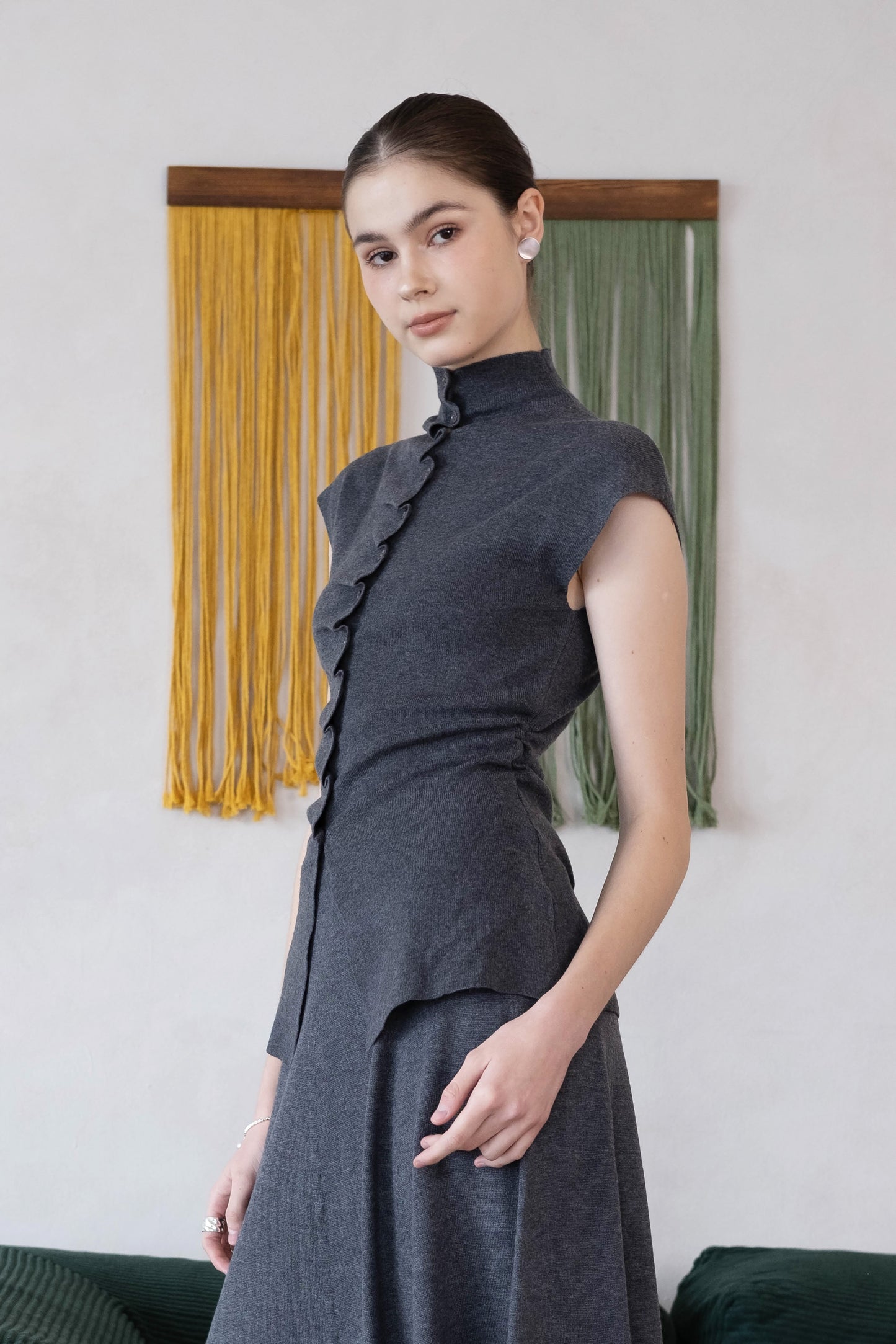 [2Pcs Suit] For Stand Collar Irregular Design Button Top +A Line Long Skirt - Dark Grey