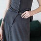 [2Pcs Suit] For Stand Collar Irregular Design Button Top +A Line Long Skirt - Dark Grey