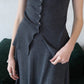 [2Pcs Suit] For Stand Collar Irregular Design Button Top +A Line Long Skirt - Dark Grey