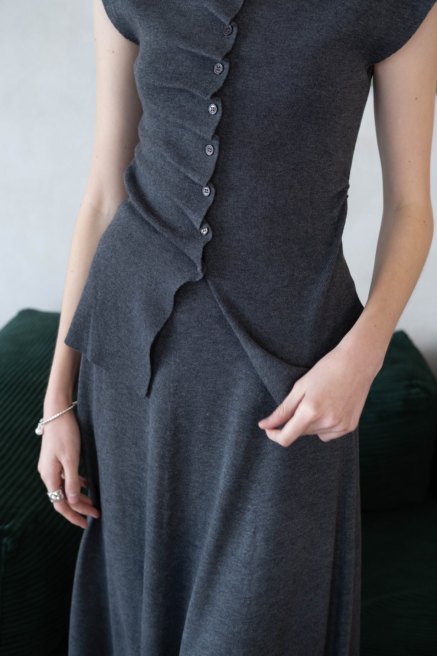 [2Pcs Suit] For Stand Collar Irregular Design Button Top +A Line Long Skirt - Dark Grey