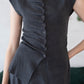 [2Pcs Suit] For Stand Collar Irregular Design Button Top +A Line Long Skirt - Dark Grey
