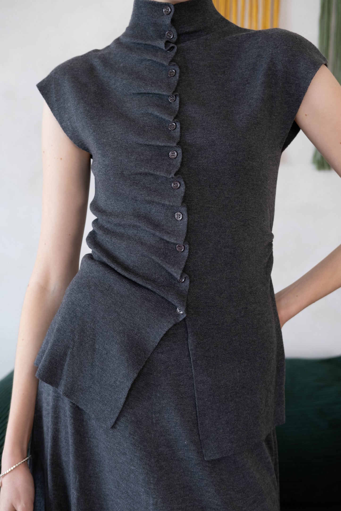 [2Pcs Suit] For Stand Collar Irregular Design Button Top +A Line Long Skirt - Dark Grey