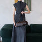 [2Pcs Suit] For Stand Collar Irregular Design Button Top +A Line Long Skirt - Dark Grey