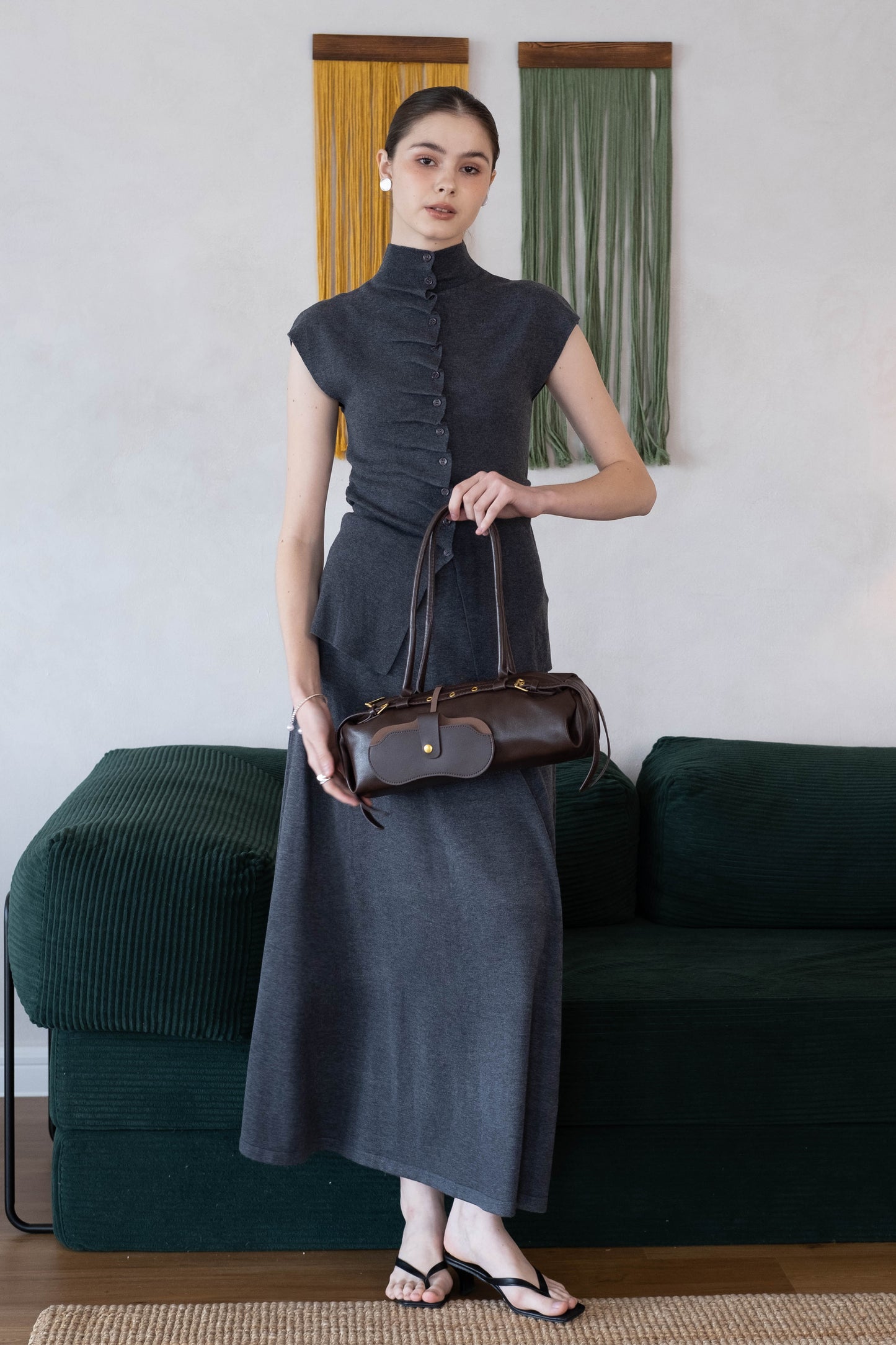 [2Pcs Suit] For Stand Collar Irregular Design Button Top +A Line Long Skirt - Dark Grey