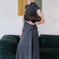 [2Pcs Suit] For Stand Collar Irregular Design Button Top +A Line Long Skirt - Dark Grey