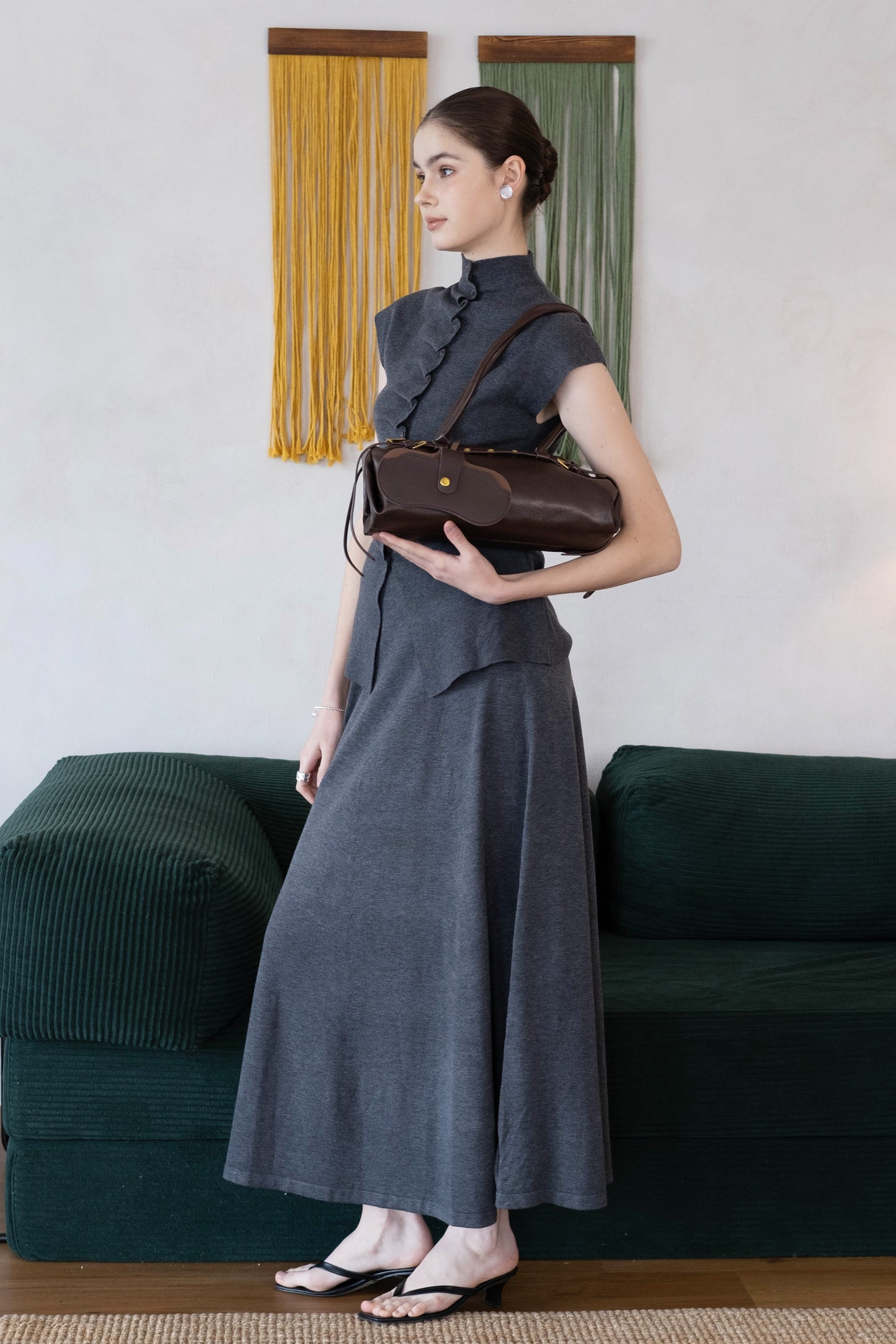 [2Pcs Suit] For Stand Collar Irregular Design Button Top +A Line Long Skirt - Dark Grey