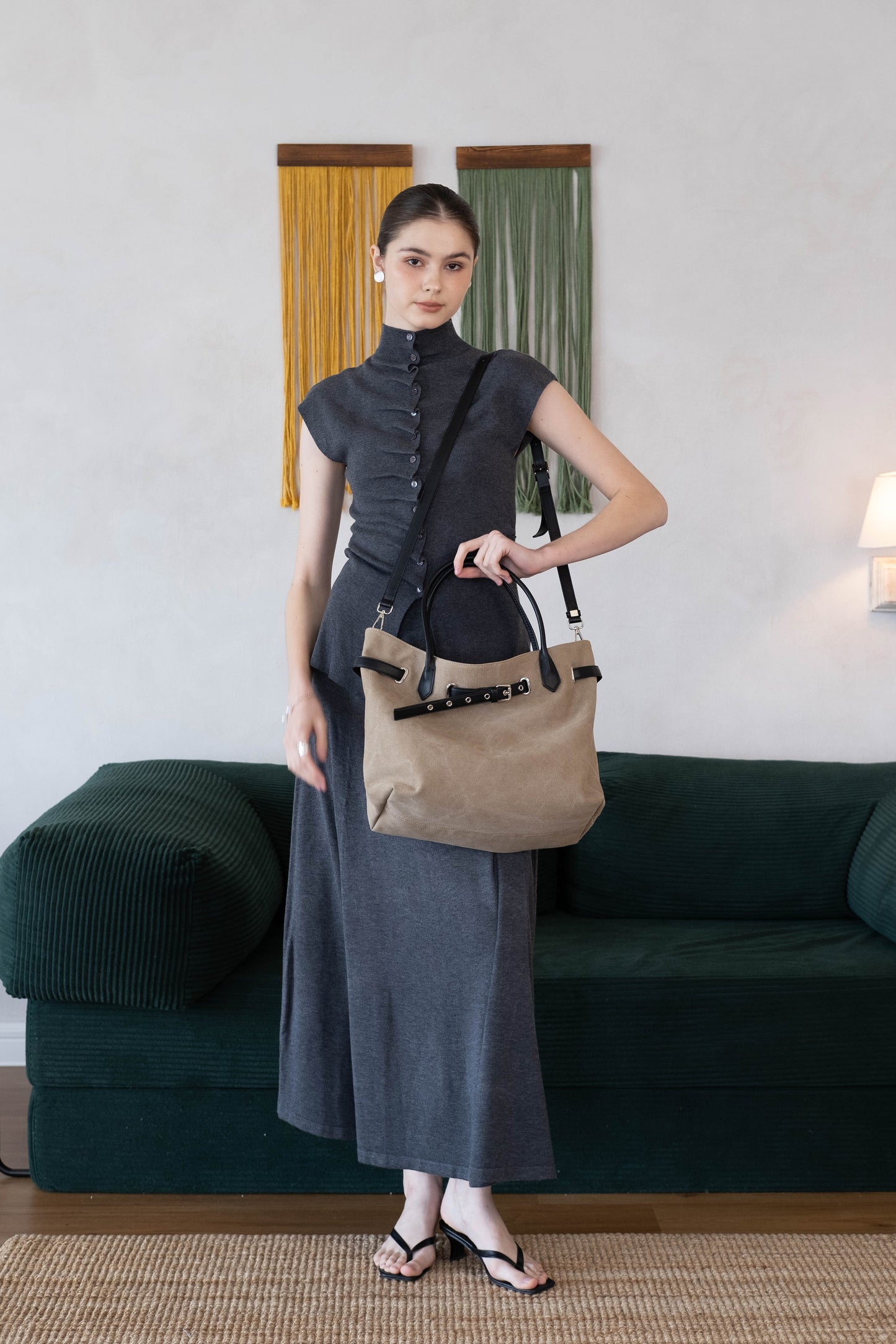 Élan Belted Canvas Tote - Khaki